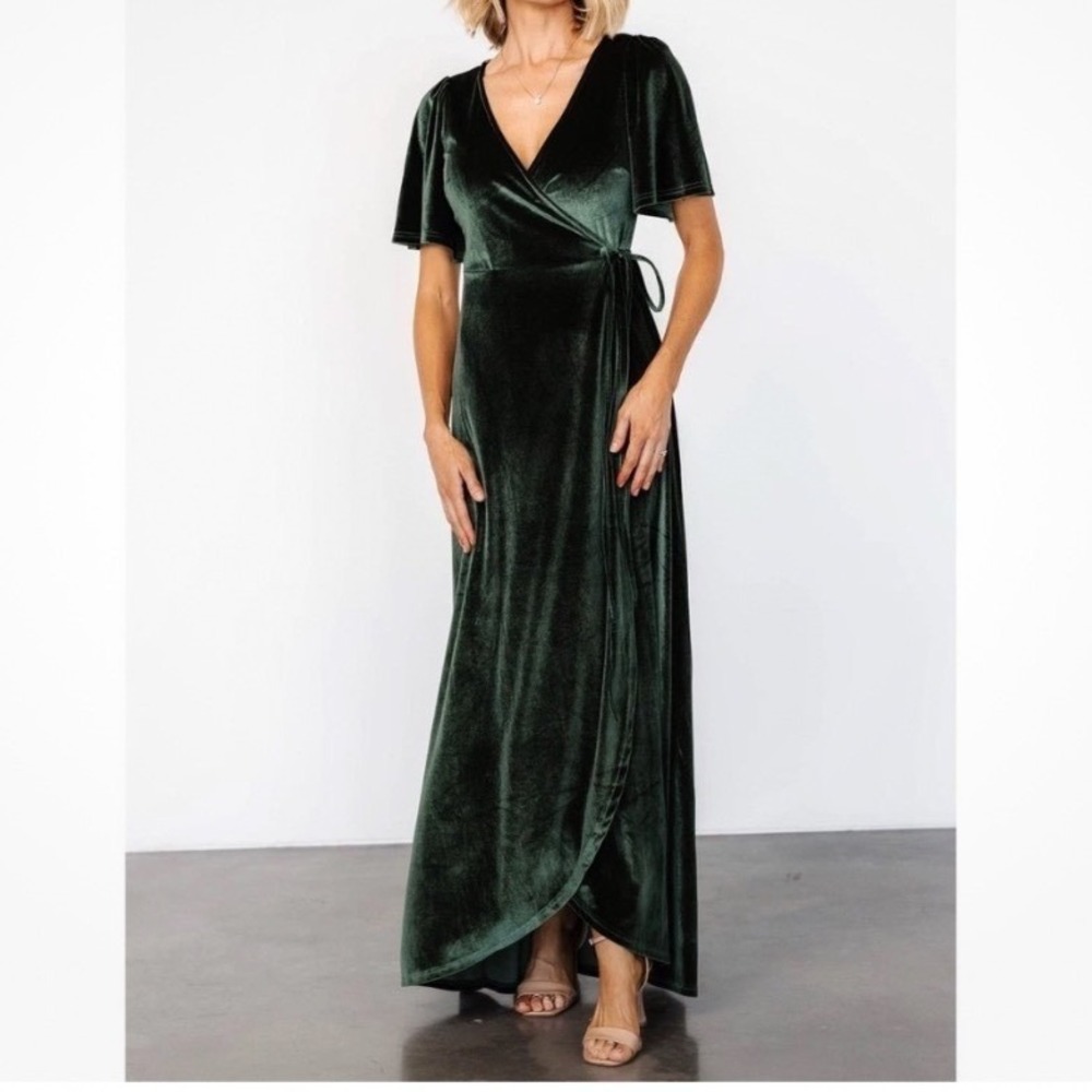NWT Baltic Born Katelyn Velvet Maxi Wrap Dress Women L Deep Green Flutter Sleeve